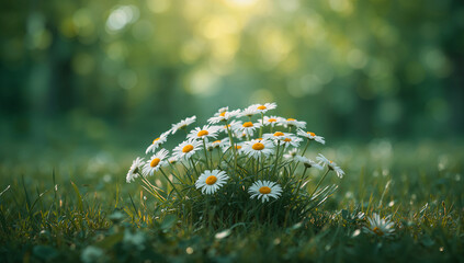 White daisies in green grass white flowers yellow centers