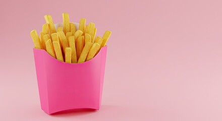 Crispy golden french fries in a vibrant pink container, perfect for a fun snack break or creative food concept with a clean, modern aesthetic on a pastel background