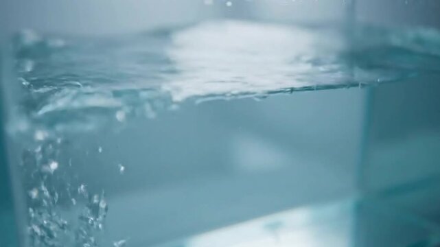 Close Up of Water Ripples in a Rectangular Container Under Soft Studio Lighting Creating a Serene Ambiance for Relaxation Content and Water Quality Demonstrations 198 chars
