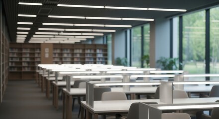 Modern high tech library interior with rows of sleek white study carrels and comfortable armchairs