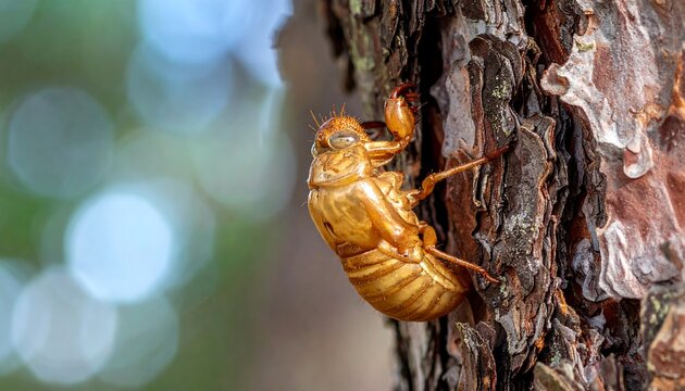Empty shell of an insect attached to a tree trunk