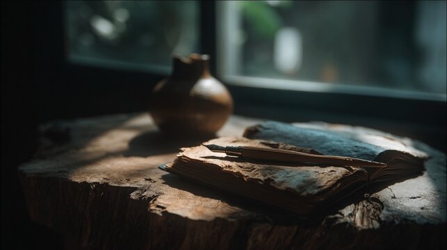 Antique book and vase on wooden table in soft sunlight by window
