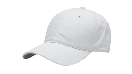 A plain white baseball cap with a curved brim isolated on a solid black background