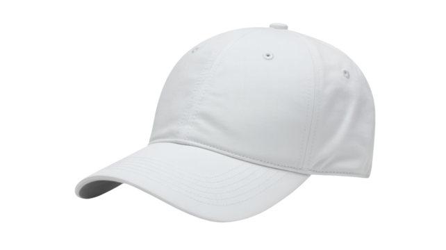 A plain white baseball cap with a curved brim isolated on a solid black background