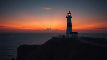Majestic Lighthouse Silhouette Against a Vibrant Sunset Sky with Oceanic Horizon Radiating Tranquility