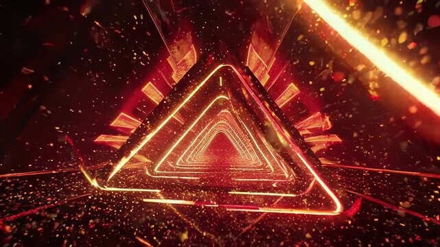 A glowing, geometric tunnel of repeating triangles, with a fiery red palette and sparkling details