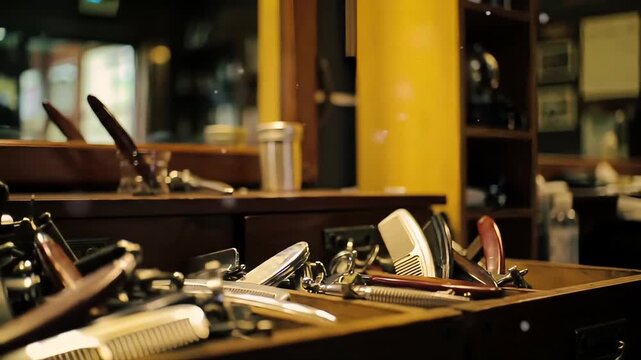 Vintage Barbershop Tools in Wooden Drawer