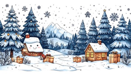 Fototapeta premium Snowy winter landscape with cozy houses