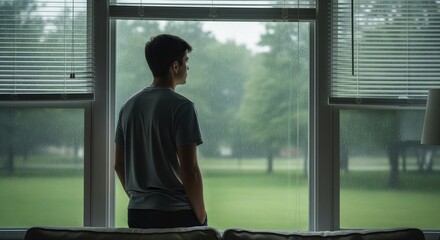 Thoughtful young man with dark hair stands by a large window, observing the rainy weather outside
