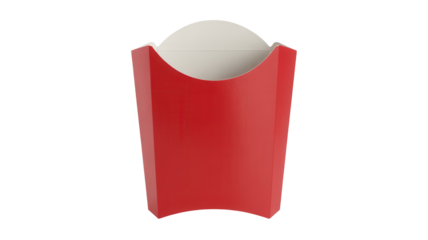 A single white egg sits inside a bright red paper container against a stark black background