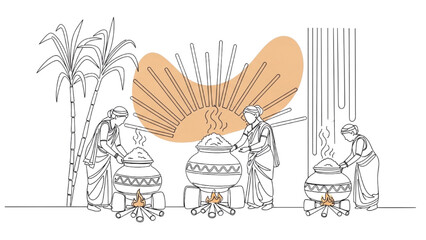 Continuous Line Drawing of Traditional Cooking Pot with Sugarcane – Pongal Harvest Festival Line Art Illustration