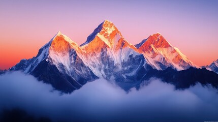 Majestic mountain range with snow-covered peaks at sunset