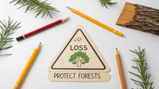 Warning sign around tree cutout advocating to protect forests