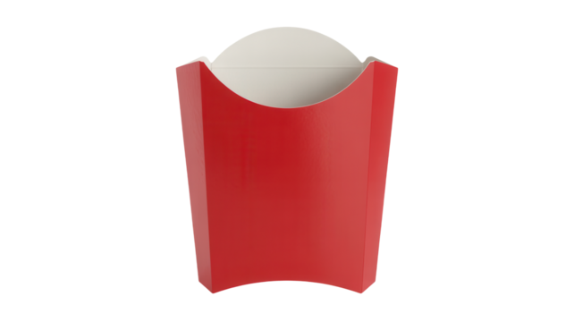 A single white egg sits inside a bright red paper container against a stark black background