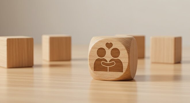 Wooden blocks convey love and togetherness, a symbol of relationships, support and connection, perfect for valentines or promoting family values and community