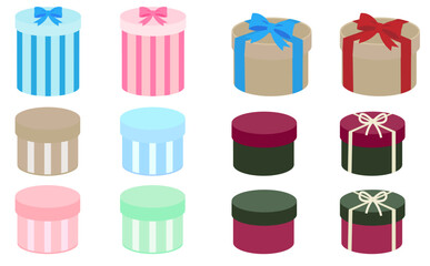 いろいろな色の円形ギフトボックスのイラストセット
