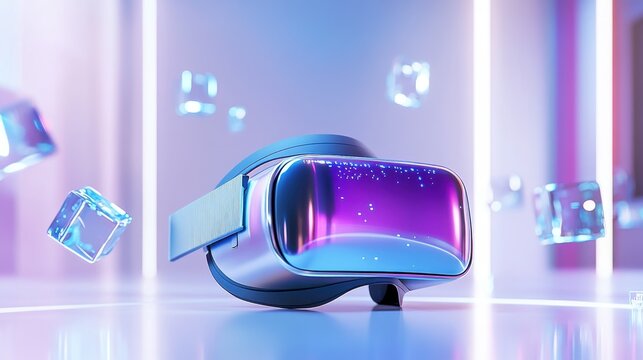 Futuristic VR headset with floating translucent cubes indoors