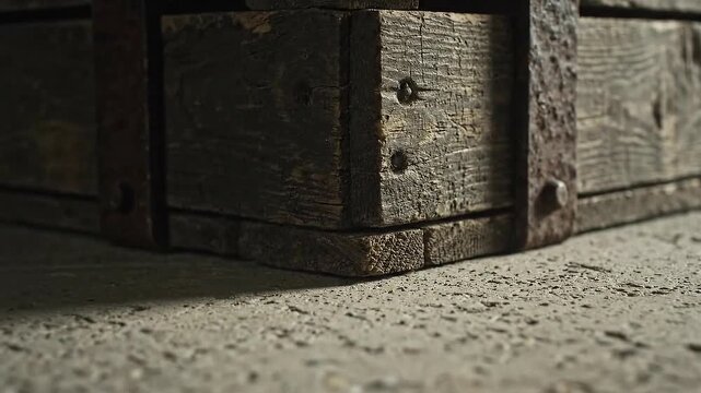 Dusty Whispers at the Base of an Aged Wooden Crate with Metallic Braces in Dark and Moody Lighting Close Up Shot with Concrete Floor Revealing Time's Gentle Touch and Decay