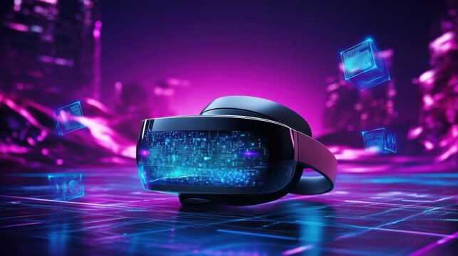 Futuristic virtual reality headset with holographic data cubes at night - Powered by Adobe