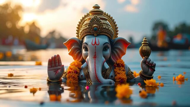 A beautifully adorned idol of the Hindu deity Lord Ganesha partially immersed in water during a serene sunset ceremony.