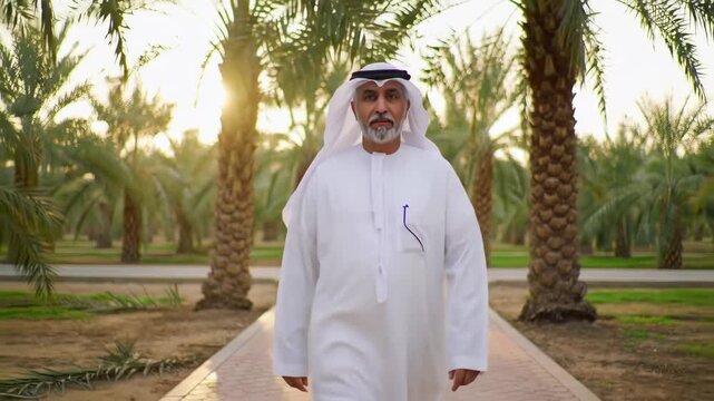 Arab Man Walking in Palm Grove at Sunset