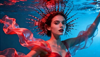 Woman in a red dress and spiky headdress underwater with flowing fabric, artistic portrait