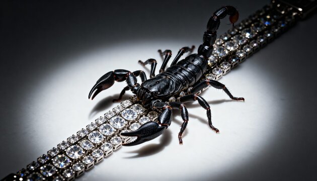 A black scorpion with its tail raised sits on a diamond bracelet, dramatic lighting - Powered by Adobe