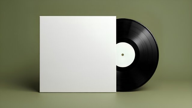 A black vinyl record with a blank, textured white album cover stands against a solid, minimalist olive green background. Modern music mockup. - Powered by Adobe