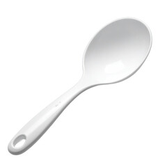 Glossy white plastic spoon angled on a dark background