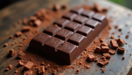 Decadent chocolate bar with cocoa powder on wooden surface
