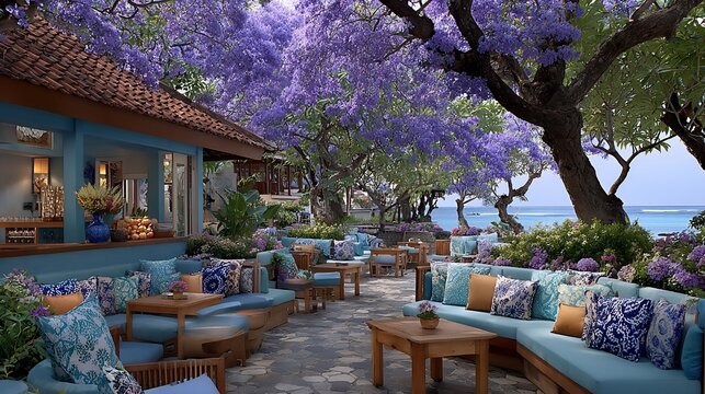 Idyllic beachfront resort with vibrant jacaranda trees and luxurious outdoor lounge area offering