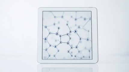 Tablet displaying digital molecule structures in a clean studio