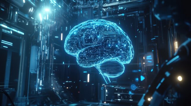 Holographic human brain model in futuristic laboratory at night