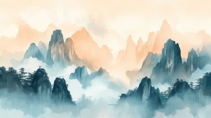 Fototapeta premium Misty mountain range with serene trees in daylight