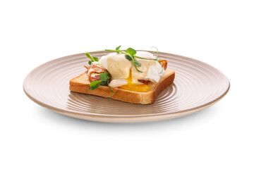 Plate of delicious egg Benedict with bacon and micro green on white background
