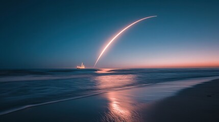 Rocket launching over serene beach at sunset