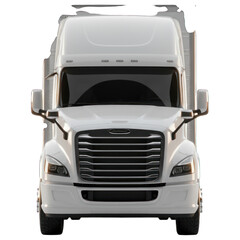 Front view of a large, white commercial semi-truck with a rectangular front