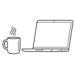 Black and white line drawing of a laptop and coffee mug with steam