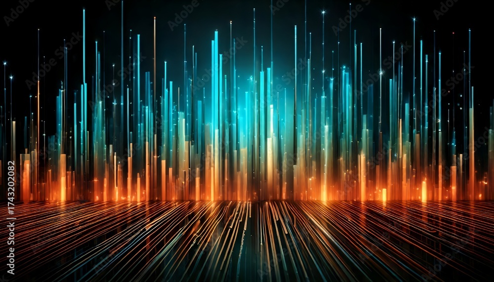 Wall mural abstract digital art piece featuring vibrant blue and orange vertical lines extending upwards and re