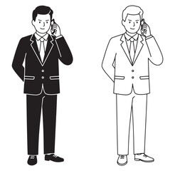 Business professional talking on the phone in a simple black and white illustration