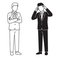 Businessmen silhouetted in formal suits with confident and thoughtful poses on white background