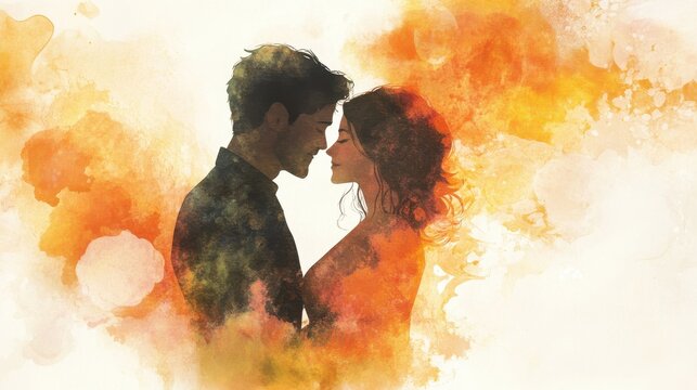 Romantic couple embracing with watercolor background during daytime - Powered by Adobe