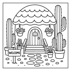 cute cottage house with cactus coloring pages, cute cottage house with cactus – printable coloring page for kids & adults, whimsical house bold & easy coloring page, Miniature Fairy Cottage. 