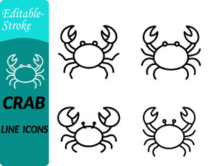 Crab set line icon. Represents seafood marine life fishing coastal. tourism beach themes and zodiac Cancer symbol. Perfect for use in food industry. ocean conservation travel and educational projects.