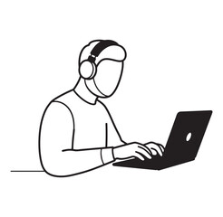 Person wearing headphones working on a laptop simple black and white illustration