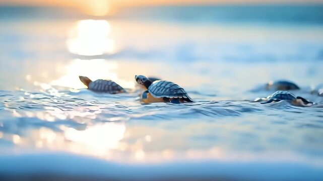 Baby sea turtle hatchlings make their first journey into the sunlit ocean waves at sunrise.