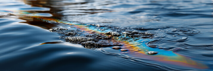 Oil film on ocean water as symbol of marine ecological pollution