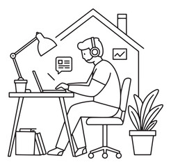 Remote work from home office illustration featuring a person using a laptop and headphones