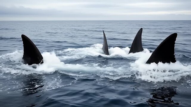 Multiple large black dorsal fins of marine predators slice through the choppy surface of the grey ocean.
