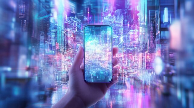Adult hand holding smartphone displaying digital city scene at night